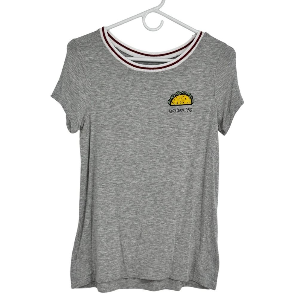AEO Small Gray Viscose/Elastane SS T-Shirt Embroidered “Taco ‘Bout Love” Graphic